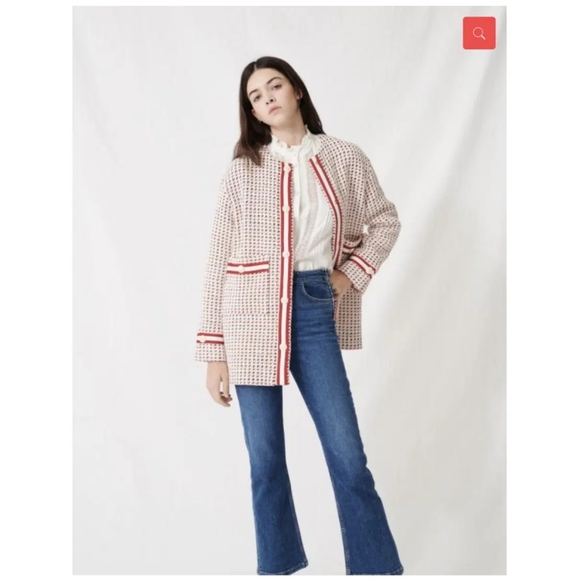 Maje Jackets & Blazers - Maje Checked Cotton-Blend Tweed Jacket with Gold Crest Buttons